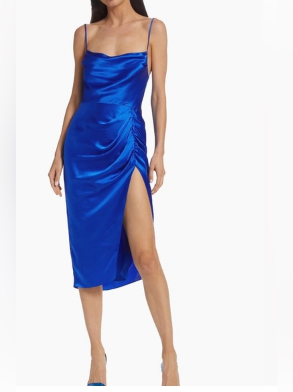 Royal Blue Satin Ruched Midi Dress Size Medium
Cowl Neck Side Slit Party Dress